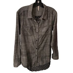 FREE PEOPLE Road Trip Sheer Crochet Back Gray Shirt Women's S/P Button Front